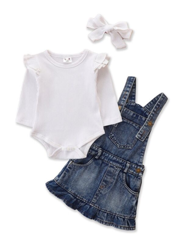 Ribbed Bodysuit And Suspender Denim Skirt Baby Girl Clothing Sets 211009122