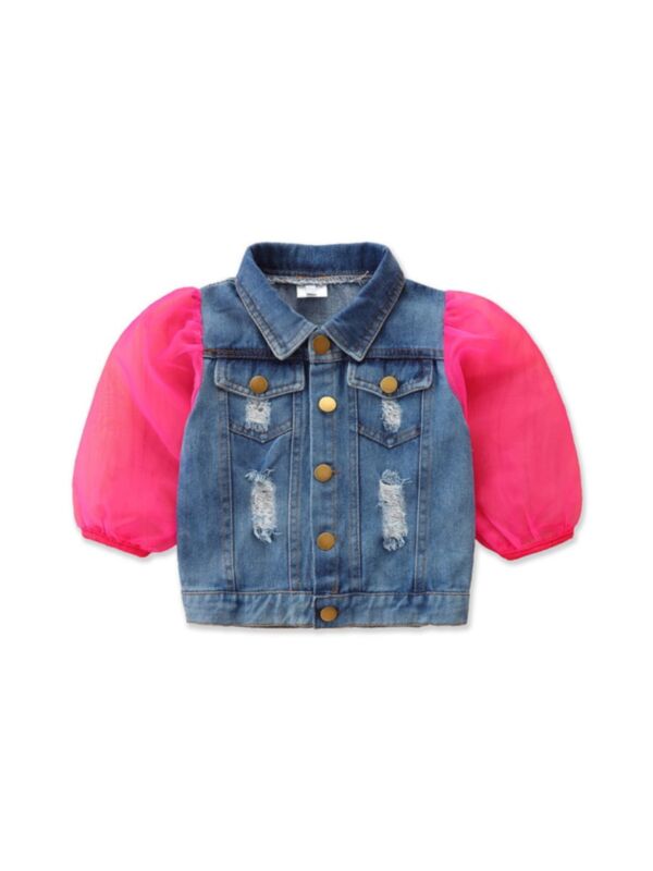  Mesh Puff Sleeve Lapel Denim Jacket Fashion Girl Wholesale 211009403