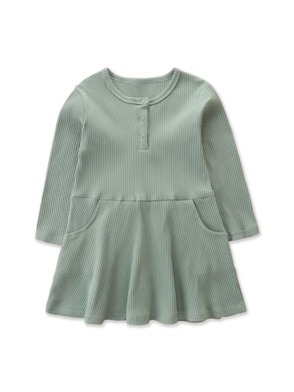 Solid Color Long Sleeve Ribbed Pocket Dresses For Girl 211009419