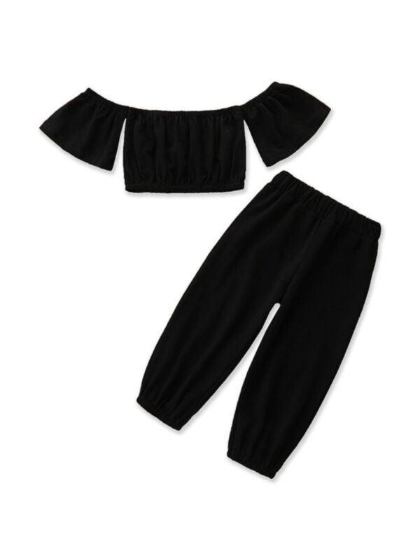 Black Off Shoulder Crop Top & Pants Wholesale Girls Fashion Clothes Sets 211009503