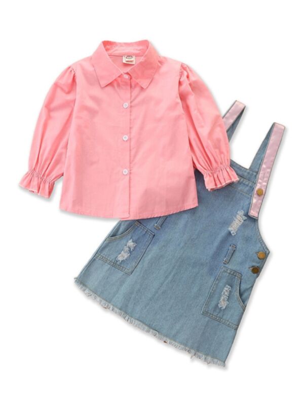Two-Piece Solid Color Shirt And Suspender Skirt Suit Wholesale Girls Clothing 211009659