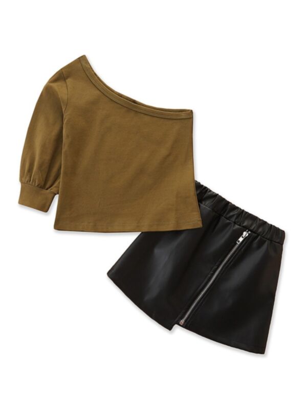Two-Piece Single Shoulder Top And PU Zipper Skirt Wholesale Girls Sets 211009697