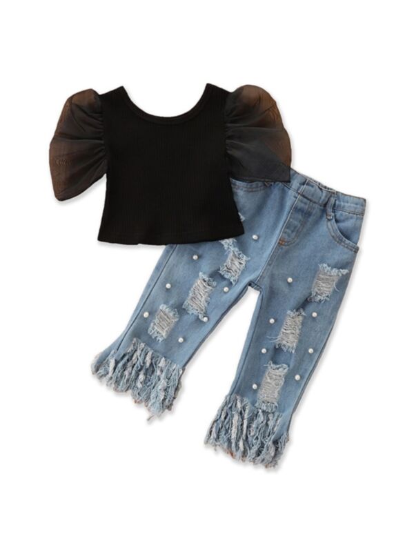  Puff Sleeve Top And Beaded Ripped Jeans Sets Wholesale Girls Clothes 211009962