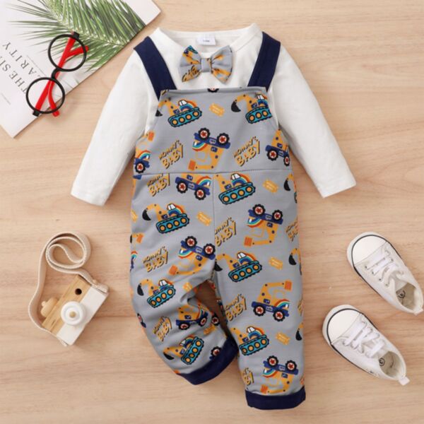 Bow Tie Solid Color Blouse And Car Pattern Baby Boy Overall Set 21101075