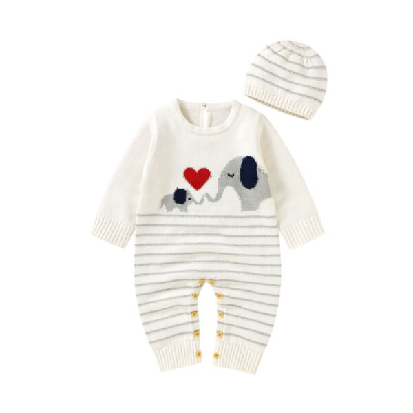 Elephant & Love Heart Pattern Knit Animal Bodysuit Baby And Hat 21101083