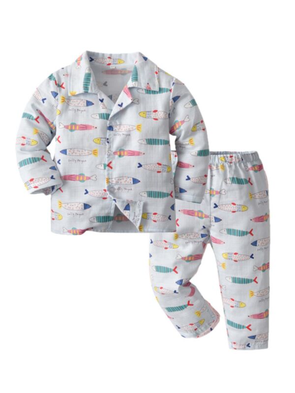 Kid Two-Piece Strawberry & Fish Print Top And Trousers Pajama Set 211014010