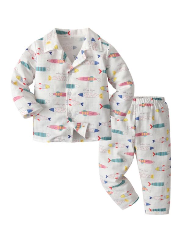 Two-Piece Small Fish Print Top And Pants Wholesale Toddler Sleepwear 211014026