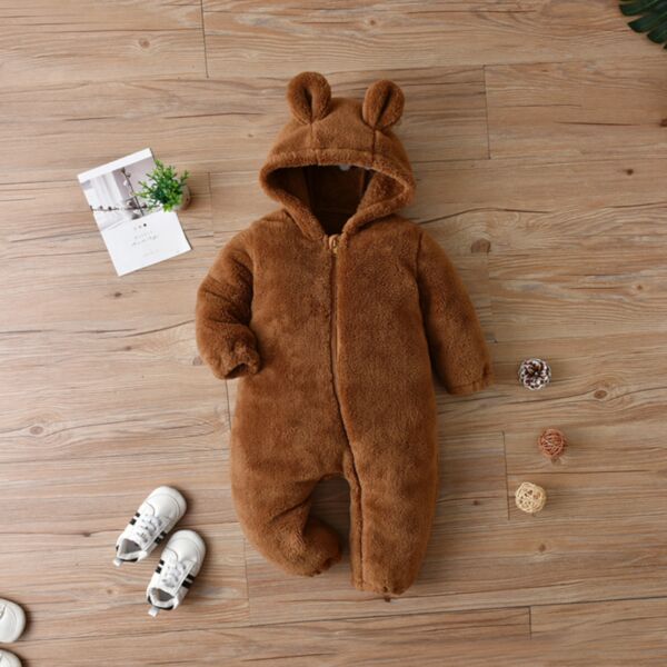 Hooded Baby Romper Jumpsuit With Solid Color Zipper Ears 21101723