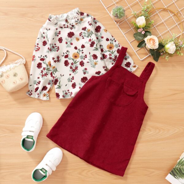 Floral Top And Solid Red Corduroy Suspender Dress Kid Girl Outfit Sets 21101757
