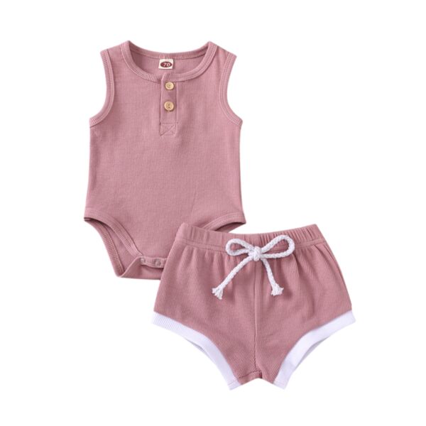 Solid Color Sleeveless Ribbed Bodysuit And Shorts Baby 2 Piece Set 21103132