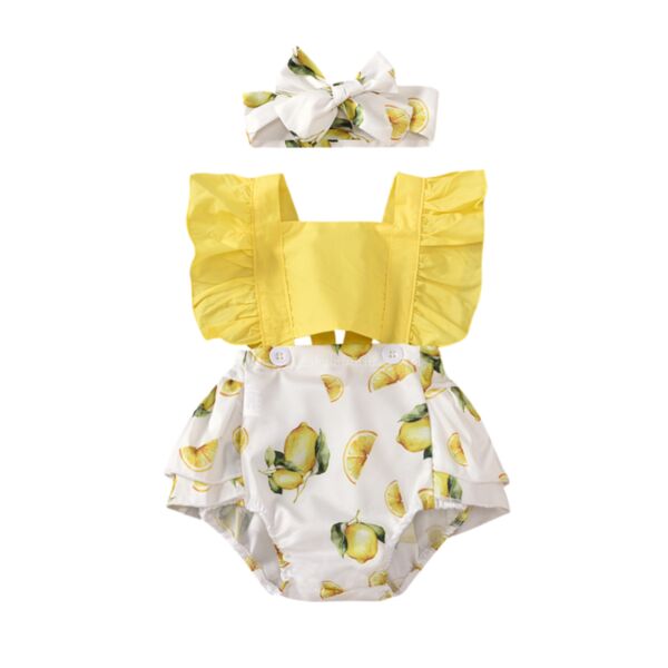 Sleeveless Lemon Print Baby Girl Rompers Wholesale With Headband 21103133