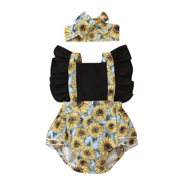 Sunflower Print Baby Girl Summer One-Piece With Headband 21103135