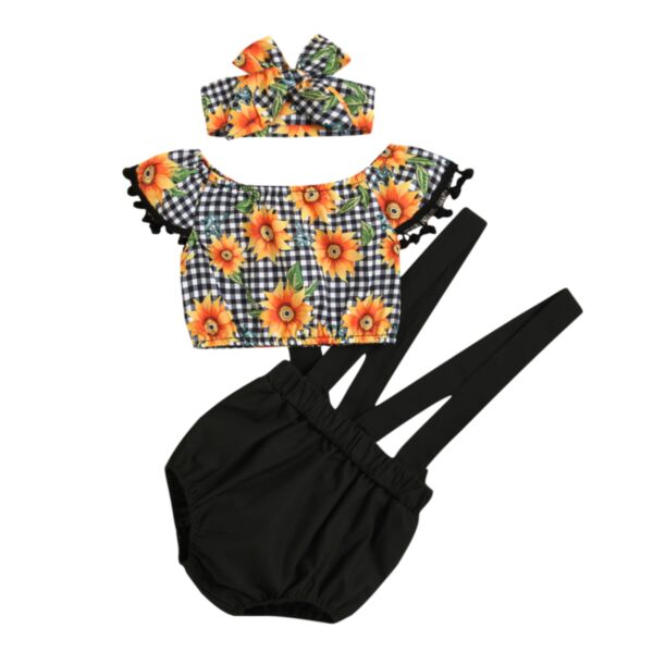 3 Piece Plaid Sunflower Top And Black Overalls With Headband Baby Girl Summer Outfits 21103139
