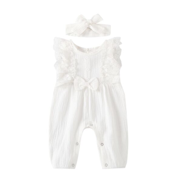 Pure Color Lace Trim Bow Baby Girl Jumpsuit With Headband 21103141