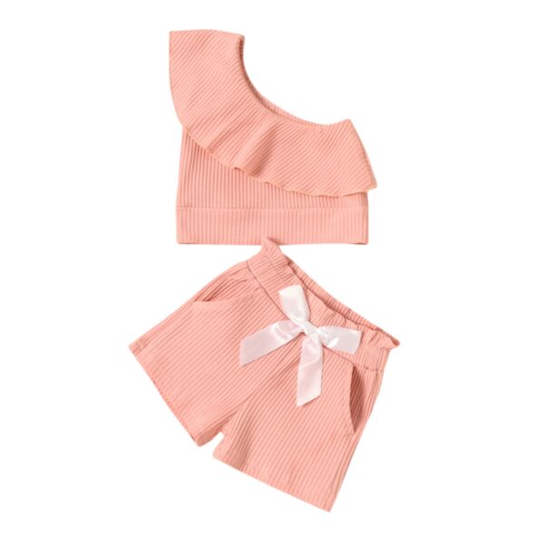 Single Shoulder Ribbed Solid Color And Bow Shorts Baby Girl Outfit Sets 21103142