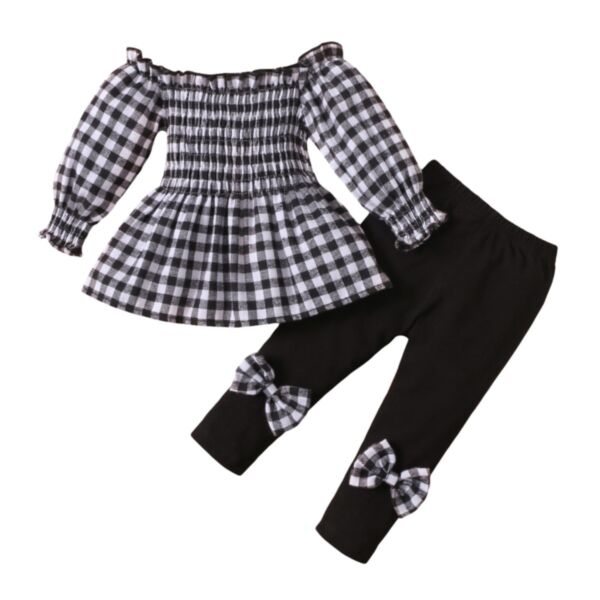 Off Shoulder Plaid Top And Bow Pants Girls Clothing Sets 21110738