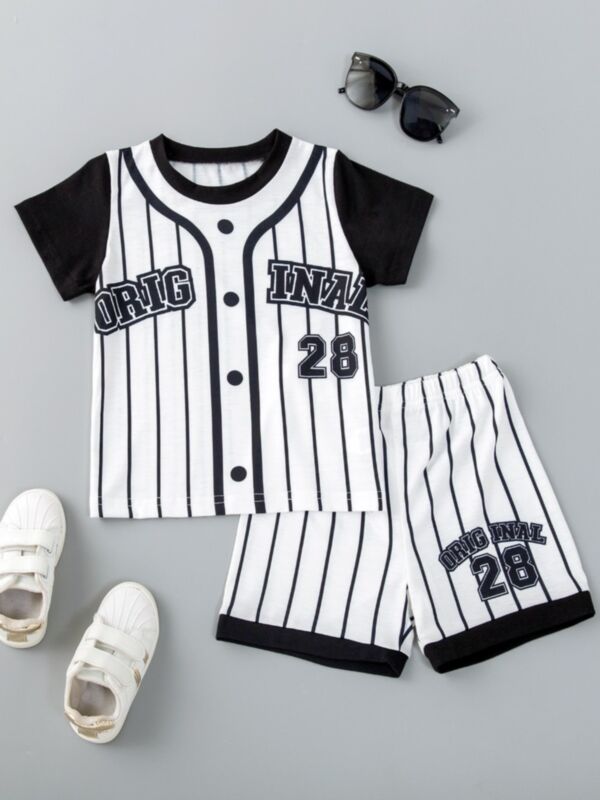 Letter Print Striped T-Shirt And Short-Sleeved Boys Outfit Set 21110748