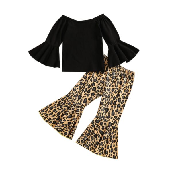 Off Shoulder Flared Sleeve Top And Leopard-Print Flared Pants Girls Outfits Sets 21110752