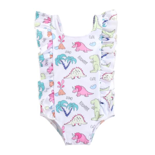 Cartoon Dinosaur Print Fungus Trim One-Piece Swimwear For Girl 21110775