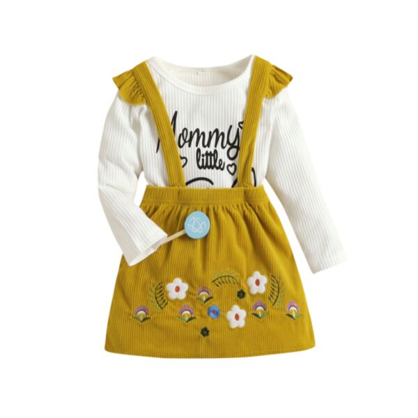 Letter Ribbed T-Shirt And Flower Pattern Corduroy Strap Dress Baby Girl Outfit Sets 21110790