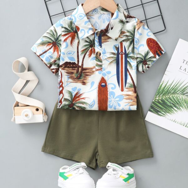 Coconut Tree Pattern Hawaiian Shirt And Shorts Boys Outfit Set