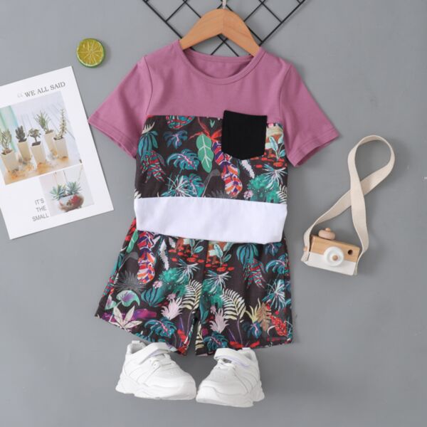 Colorblock Leaf Print T-Shirts And Shorts Girls Clothing Sets 21120549