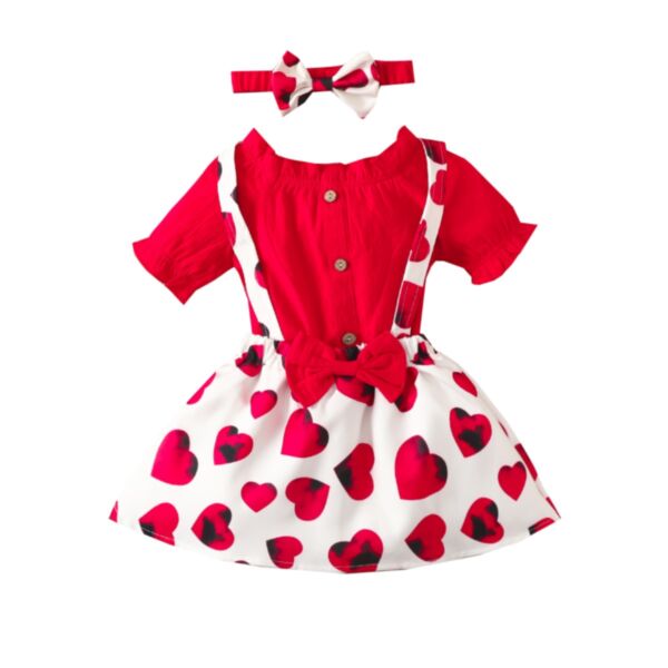 Baby Girl Puff Sleeve Top And Heart Print Overalls With Headband Baby Outfit Sets 21120573