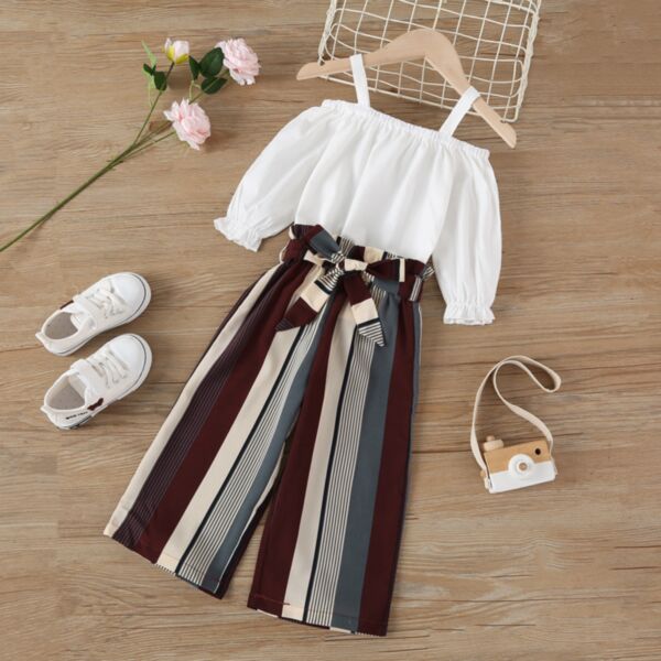 White Off Shoulder Top And Striped Pants Girls 2 Piece Set 21110763