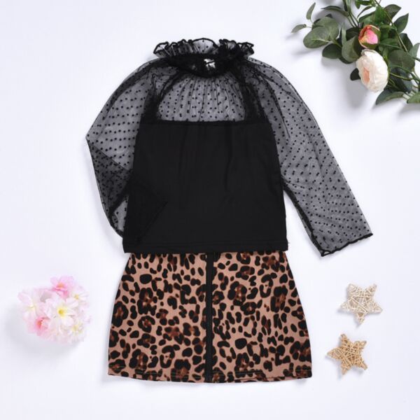 18M-6Y mesh transparent long sleeve lotus collar and leopard skirt set wholesale kids boutique clothing