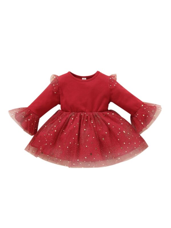 Toddler Girl Sequins Flared Sleeve Mesh Dress