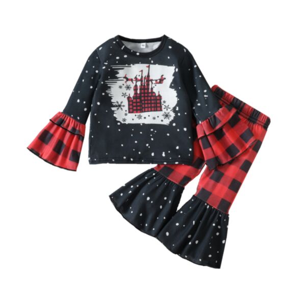 9M-4Y Toddler Girls Christmas Costumes Castle Print Round Neck Long-Sleeved Top Plaid Flared Pants 2-Piece Set Wholesale Childrens Clothing KSV600778