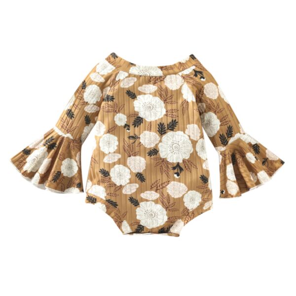 3-18Months Baby Girls Pit-Strip Knitting Large Floral Print Flared Long-Sleeved Bodysuit Wholesale Baby Onesies KJV600782