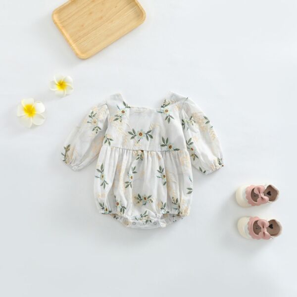 0-18Months Baby Girls Square Neck Floral Pattern Jacquard Embroidery Long-Sleeved Bodysuit Wholesale Childrens Clothing KJV600608