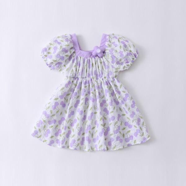 18M-7Y Toddler Girls Purple Cherry Print Square Collar Dress Wholesale Girls Clothes V3803223884