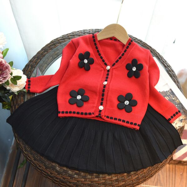 18M-6Y Toddler Girls Two-Piece Set Knitted Floral Long-Sleeved Cardigan And Black Knitted Skirt Wholesale Childrens Clothing KSV600719