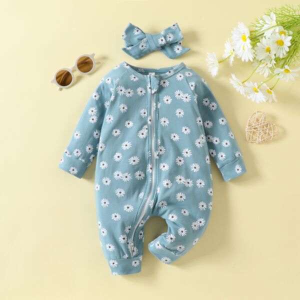 3-18M Baby Girls Floral Long Sleeve Zip-Up Jumpsuit & Headband Bulk Baby Clothes Wholesale KJV386615 blue