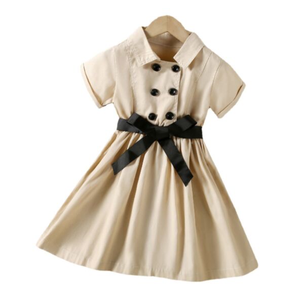 7-11Y Kids Girls Solid Double Breasted Short Sleeve Dresses With Belt Wholesale Trendy Kids Clothing KDV386344 khaki