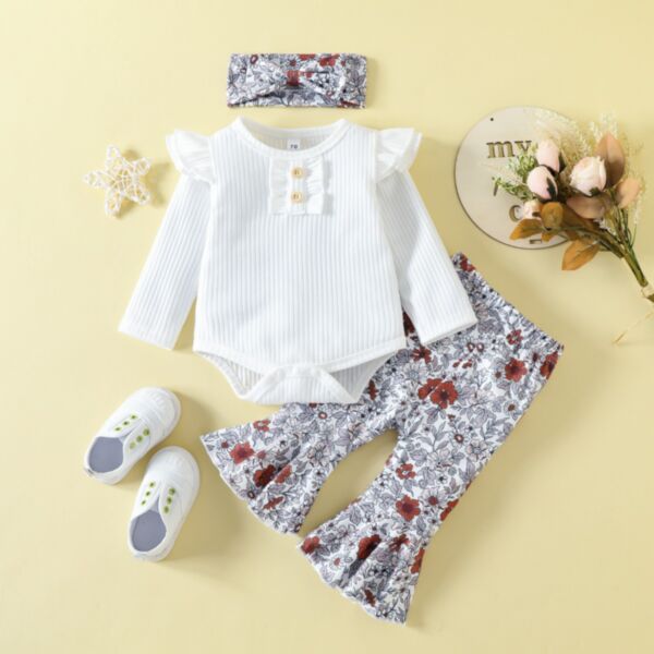 3-18Months Baby Girls Round Neck Long-Sleeved Pit-Strip Knitting Top And Floral-Print Flared Trousers 2 Pieces Sets Wholesale Childrens Clothing KSV600598