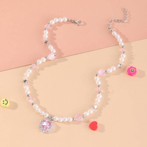 MOQ 2PCS Pearl Heart Star Crystal Necklace Kid Girl Accessories Wholesale KJEV384401 pink