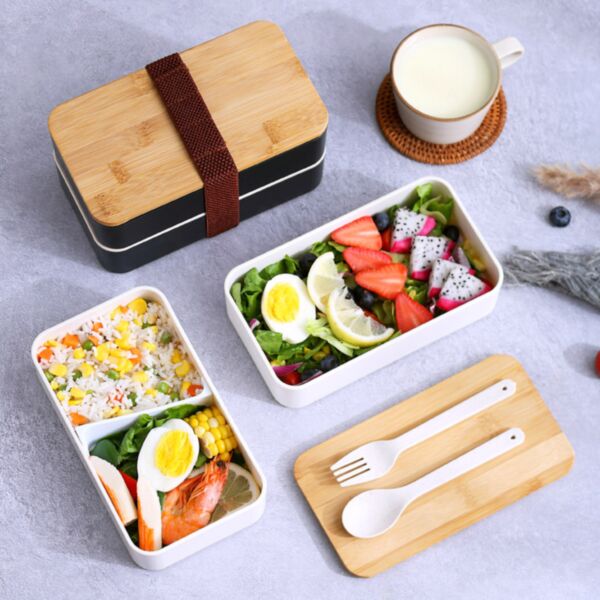 Bamboo Wood Cover Double Layer Plastic Lunch Box Wholesale Feeding Sets KDSV385992