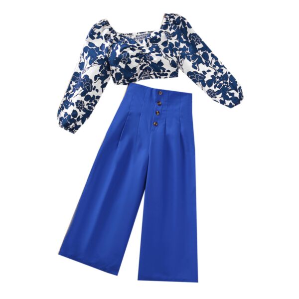 7-11Y Kid Girls Clothes Sets Floral Ruched Top And Wide-Leg Pants Wholesale Trendy Kids Clothing KSV386725 blue