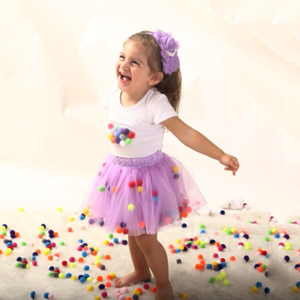 18M-10Y Kid Girls Pom Pom Trim Mesh Skirts Wholesale Kids Boutique Clothing KSKV386072 purple