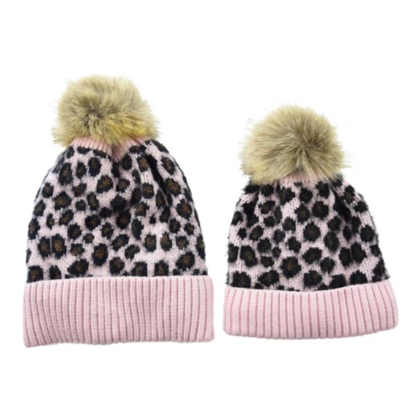 Mommy And Me Wholesale Leopard-Print Furball Knitted Beanie KHV384586 pink