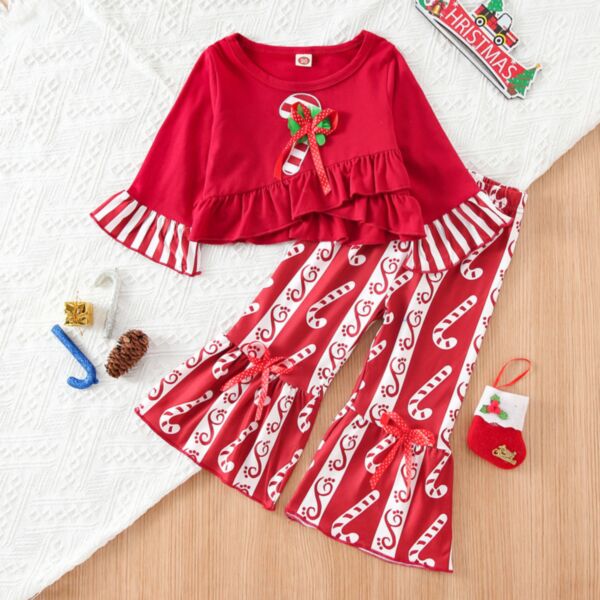 18M-6Y Toddler Girl Sets Christmas Crutch Print Bow Long-Sleeve Top And Striped Flared Pants Girl Wholesale Boutique Clothing KSV600357