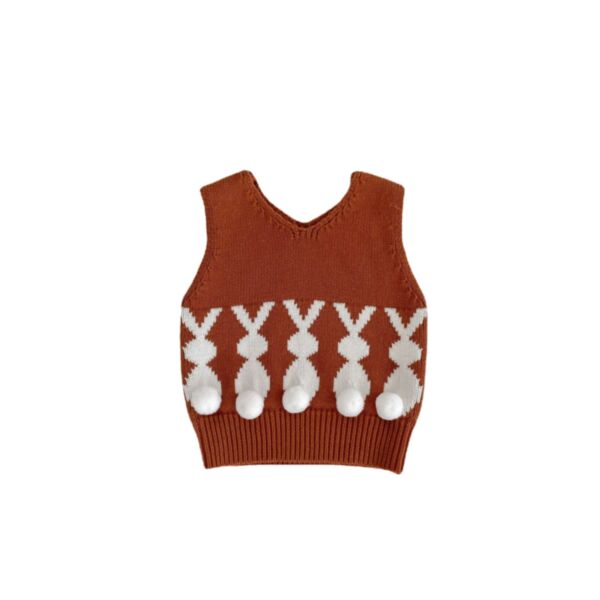 3-24M Baby Pom Pom Trim Rabbit Jacquard V-Neck Pullover Knit Vest Sweater Wholesale Baby Clothes KTV386131 brown