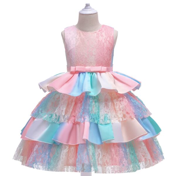 3-10Y Kid Girls Clothes Multicolored Satin Layered Lace Princess Dress Kids Wholesale Clothing KDV38463506 pink