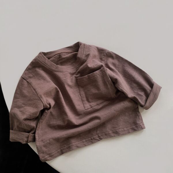 9M-6Y Cotton Pocket Long Sleeve Solid Color Loose Pullover Wholesale Kids Boutique Clothing
