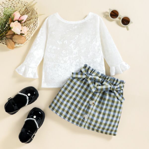 9M-4Y Toddler Girls Sets Lace Trim White Velvet Tops & Plaid Skirts Wholesale Girls Clothes V3823031100050