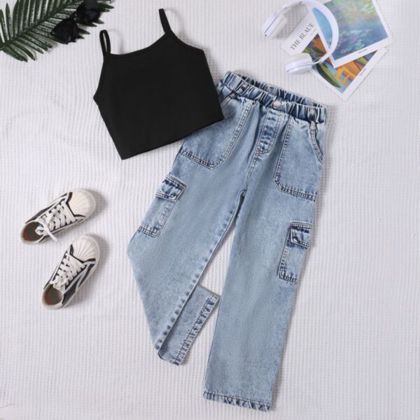 7-14Y Kids Girls Camisole Tops Denim Pocket Wash Pants Two Piece Set Wholesale Kids Clothes V3824080600023