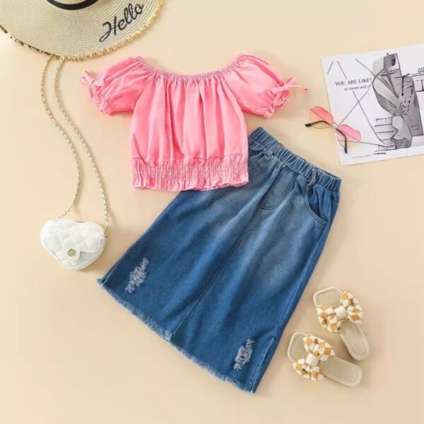 3-8Y Kids Girls Sets Lantern Sleeve Puffy Tops Denim Skirts Wholesale Girls Clothes V3824073000057